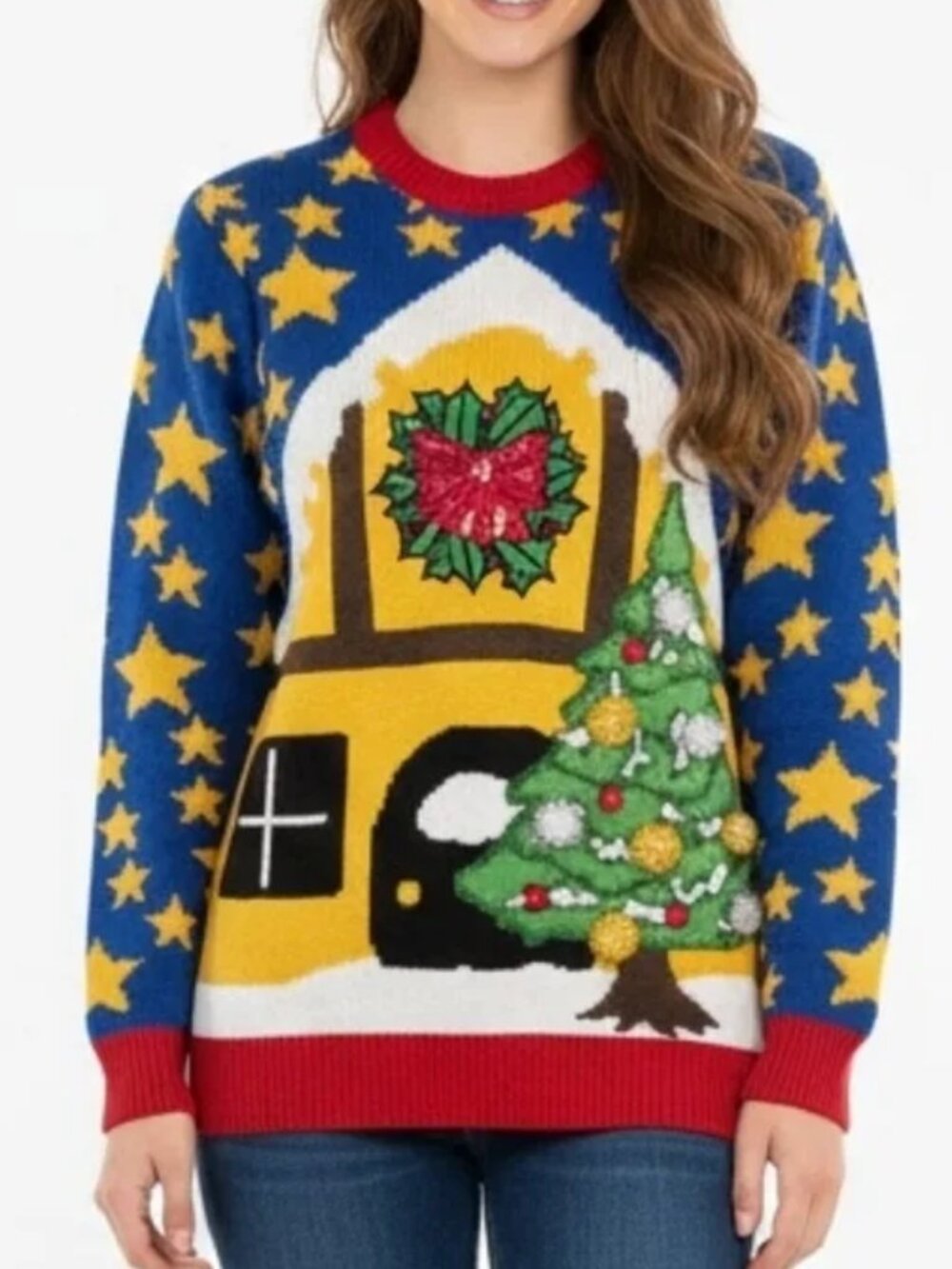Cheesy Christmas Jumpers Ugly Sweater Sequin Pom Pom Tree Blue Stars Womens XS
